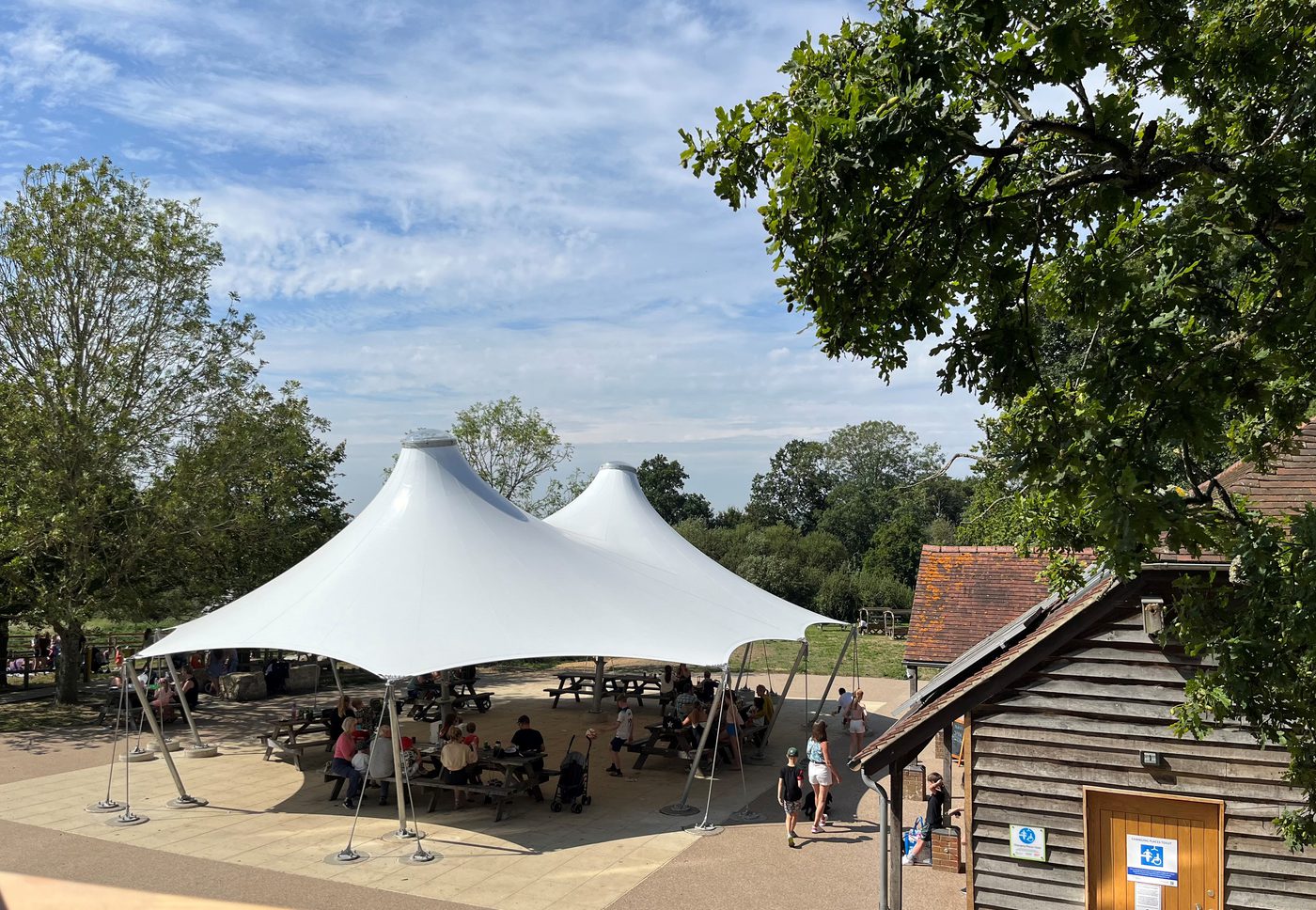A shade tensile canopy for a courtyard space.