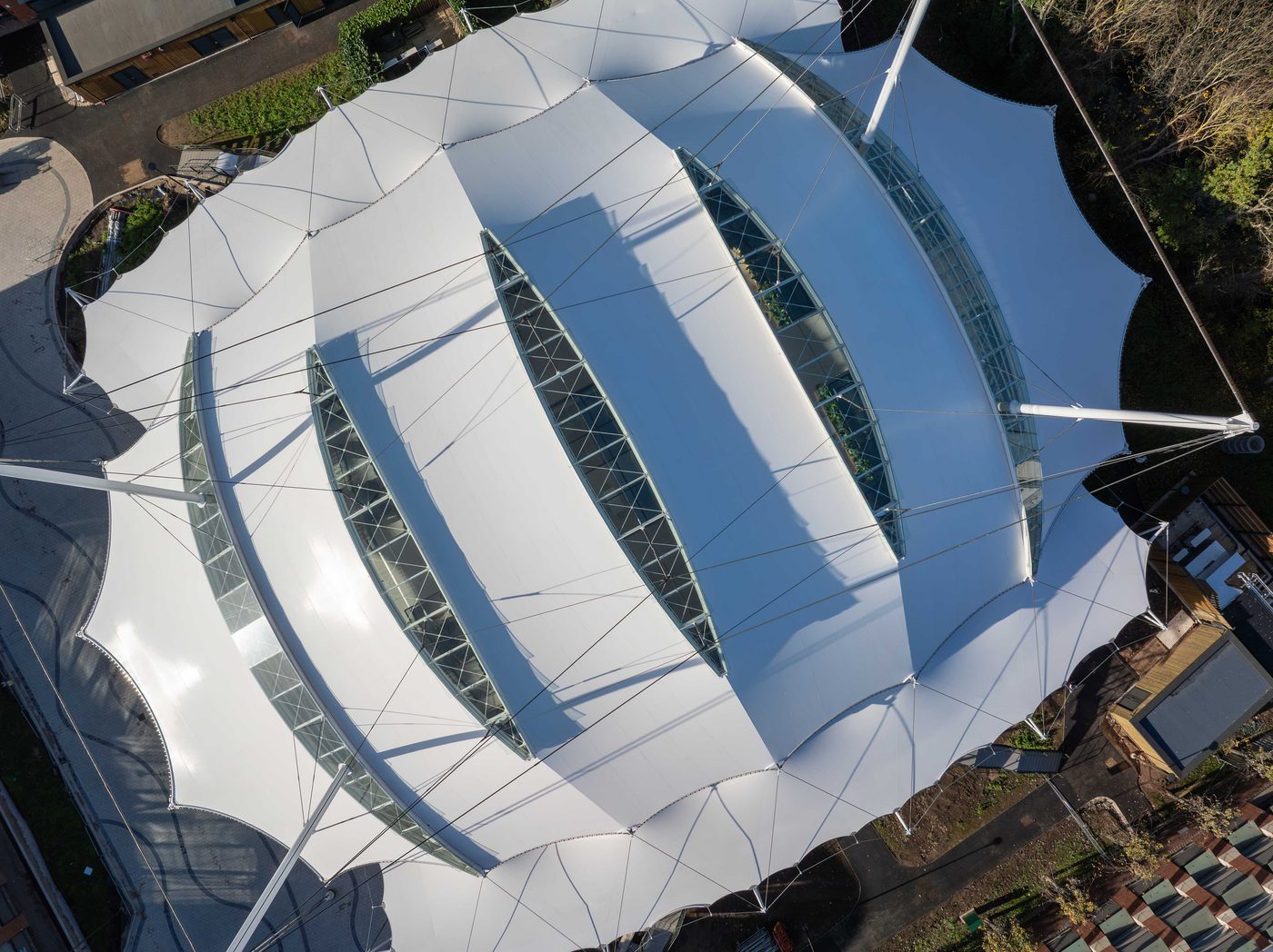 The replacement fabric roof for the Castle Meadow Campus from above in Nottingham.